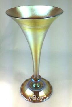 Antique L. C. Tiffany Gold Favrile Iridescent Art Glass Trumpet Wheel Cut Vase