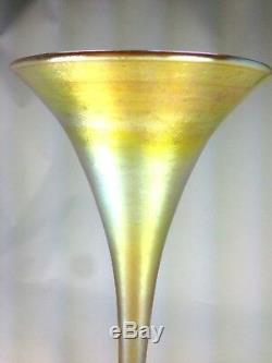 Antique L. C. Tiffany Gold Favrile Iridescent Art Glass Trumpet Wheel Cut Vase