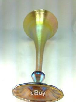 Antique L. C. Tiffany Gold Favrile Iridescent Art Glass Trumpet Wheel Cut Vase