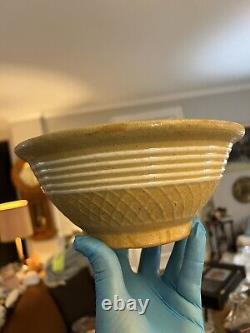 Antique Large 9 Yellow Ware Mixing Bowl with White Bands Waffle19th Century