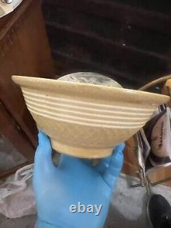 Antique Large 9 Yellow Ware Mixing Bowl with White Bands Waffle19th Century