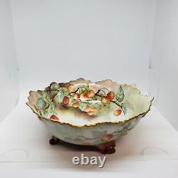 Antique Limoges Fruit Console Bowl Signed Stamped Rare France Leaf Edge Gold