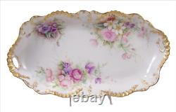 Antique Limoges Hand Painted Oblong Centerpiece Bowl Tray Roses Pansies Floral