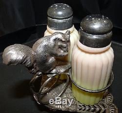 Antique MT WASHINGTON PAIRPOINT Art Glass BURMESE Ribbed S & P Shakers SP Caddy