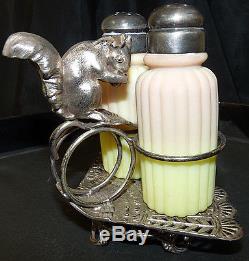 Antique MT WASHINGTON PAIRPOINT Art Glass BURMESE Ribbed S & P Shakers SP Caddy