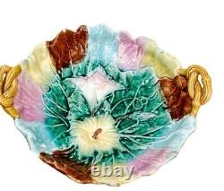 Antique Majolica Morning Glory Footed Bowl With Handles