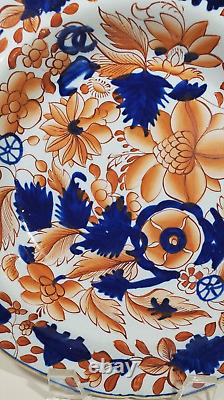 Antique Mason's Ironstone Bowl Rare Gilded Leaves & Wheels Pattern Cobalt Orange