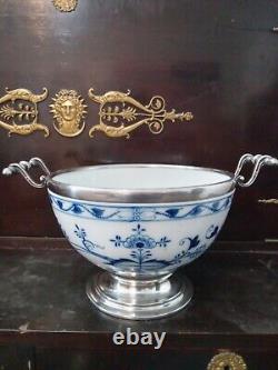 Antique Meissen Porcelain Blue Onion Soup Bowl With German Silverplate Mounts