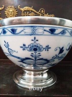 Antique Meissen Porcelain Blue Onion Soup Bowl With German Silverplate Mounts