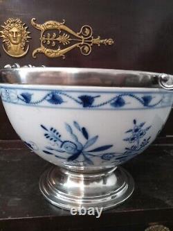 Antique Meissen Porcelain Blue Onion Soup Bowl With German Silverplate Mounts