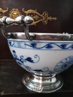 Antique Meissen Porcelain Blue Onion Soup Bowl With German Silverplate Mounts