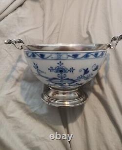 Antique Meissen Porcelain Blue Onion Soup Bowl With German Silverplate Mounts