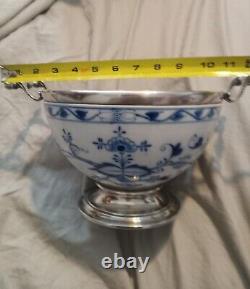 Antique Meissen Porcelain Blue Onion Soup Bowl With German Silverplate Mounts