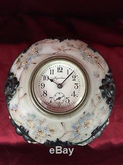 Antique Monroe Wave Crest Clock Footed Dresser Box Hand Decorated Glass c. 1900