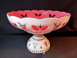 Antique Moser White Case Overlay Cut to Cranberry Glass Compote Pedestal Bowl LG