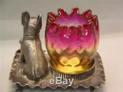 Antique NEGC Amberina Toothpick in Dog Figural Rogers Silver Plate Holder