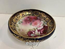 Antique Nippon Morimura Bros Cobalt & Gilt Bowl with Pink Rose Hand Painted Dec