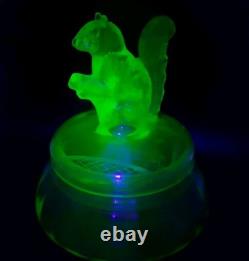 Antique Ornate Uranium Glass Candy/Trinket Bowl WithSquirrel Lid Rare 7 See Pics