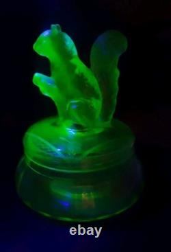 Antique Ornate Uranium Glass Candy/Trinket Bowl WithSquirrel Lid Rare 7 See Pics
