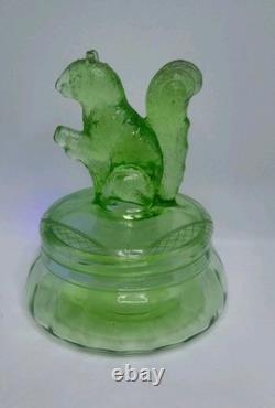 Antique Ornate Uranium Glass Candy/Trinket Bowl WithSquirrel Lid Rare 7 See Pics