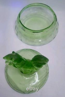 Antique Ornate Uranium Glass Candy/Trinket Bowl WithSquirrel Lid Rare 7 See Pics