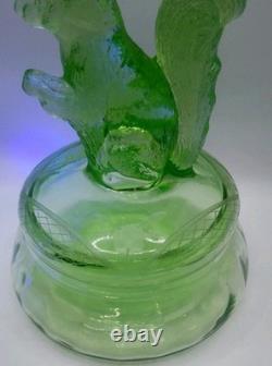 Antique Ornate Uranium Glass Candy/Trinket Bowl WithSquirrel Lid Rare 7 See Pics