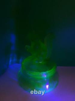 Antique Ornate Uranium Glass Candy/Trinket Bowl WithSquirrel Lid Rare 7 See Pics