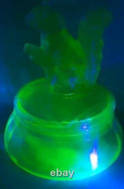 Antique Ornate Uranium Glass Candy/Trinket Bowl WithSquirrel Lid Rare 7 See Pics
