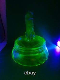 Antique Ornate Uranium Glass Candy/Trinket Bowl WithSquirrel Lid Rare 7 See Pics