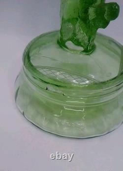 Antique Ornate Uranium Glass Candy/Trinket Bowl WithSquirrel Lid Rare 7 See Pics