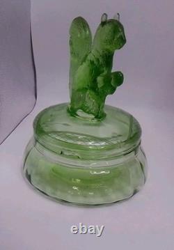Antique Ornate Uranium Glass Candy/Trinket Bowl WithSquirrel Lid Rare 7 See Pics