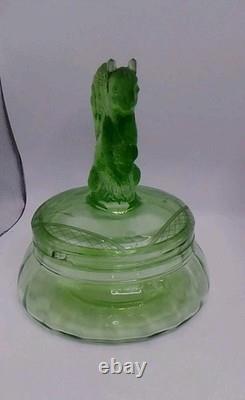 Antique Ornate Uranium Glass Candy/Trinket Bowl WithSquirrel Lid Rare 7 See Pics