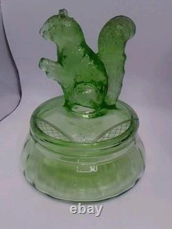 Antique Ornate Uranium Glass Candy/Trinket Bowl WithSquirrel Lid Rare 7 See Pics