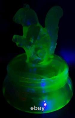 Antique Ornate Uranium Glass Candy/Trinket Bowl WithSquirrel Lid Rare 7 See Pics