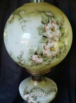 Antique Parlor 3 Globe Lamp Hand Painted Dogwood Roses Lamp Signed By Artist 30