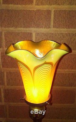 Antique Quezal Pulled FeatherTulip Gold Aurene Interior Art Glass Lamp Shade