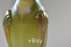 Antique Quezal Pulled Feather Art Glass Vase Iridescent Green Yellow