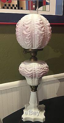 Antique Rare Lg Wright -fenton Parlor Light Milk Glass Pink Ruffled Beaded Globe