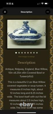 Antique, Ridgway, England, Blue Willow, 10in x8.25in x6in Covered Bowl or Tureen