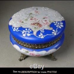 Antique Round Footed Floral Wavecrest Cobalt Blue 7 footed JEWELRY BOX