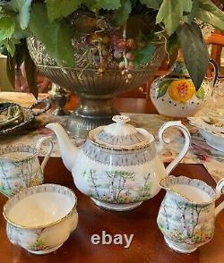 Antique Royal Albert Silver Birch Medium Teapot, 2 Creamers, 1 Open Sugar Bowl