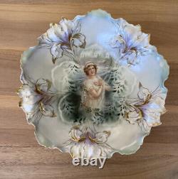 Antique Rs Prussia Bowl Winter Portrait Scene Floral Iris Mold 10.5 Rare