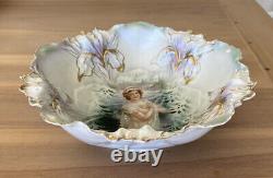 Antique Rs Prussia Bowl Winter Portrait Scene Floral Iris Mold 10.5 Rare