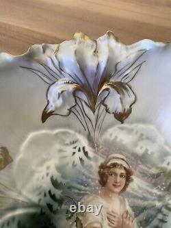 Antique Rs Prussia Bowl Winter Portrait Scene Floral Iris Mold 10.5 Rare