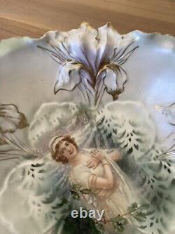 Antique Rs Prussia Bowl Winter Portrait Scene Floral Iris Mold 10.5 Rare