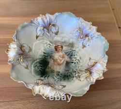 Antique Rs Prussia Bowl Winter Portrait Scene Floral Iris Mold 10.5 Rare