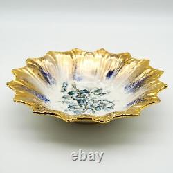 Antique Sebring Pottery Scalloped Serving Bowl Gold Paint Pansies Flower 11 USA