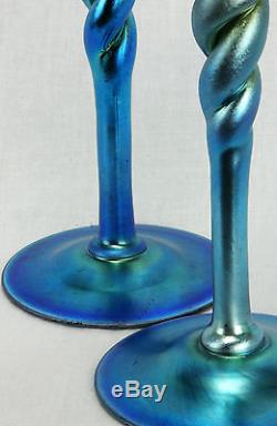 Antique Steuben Blue Aurene Twist Candlesticks with Center Bowl ca1920