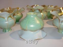 Antique Steuben Pulled Feather 6 Shade Set Iridescent Green Gold Pink Signed