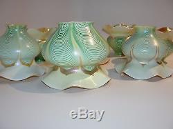 Antique Steuben Pulled Feather 6 Shade Set Iridescent Green Gold Pink Signed